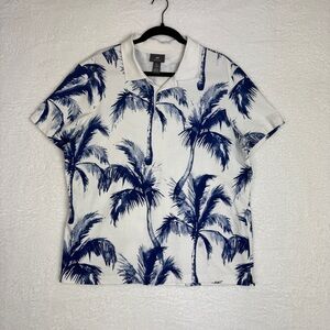 286. H&M Palm Tree Print Polo Shirt Blue White Regular Fit Size L